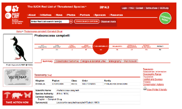 IUCN Red List species page for the Campbell shag, with its conservation status and taxonomy.