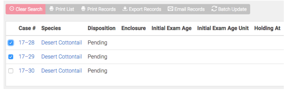 WRMD patient list with two of three search results checked and the Batch Update button in the toolbar above.