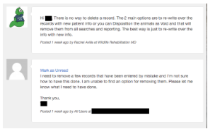 In-WRMD messages: a user asks how to remove records entered by mistake, and the team explains how to void or rewrite them.