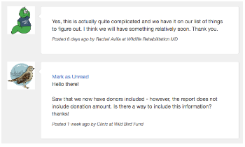 In-WRMD messages: a user notes the donor report lacks donation amounts, and the team replies that a fix is coming.