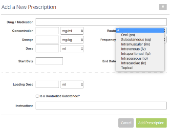 WRMD Add a New Prescription form with the route menu open, now listing Intracardiac (ic).
