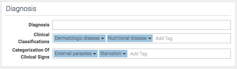 Diagnosis section with the new Clinical Classifications and Categorization Of Clinical Signs fields, each holding tagged terms.