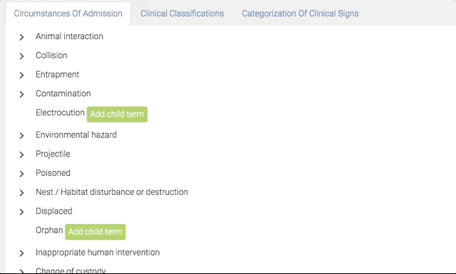 Animated terminology settings where Feral cat and House cat are added as custom child terms under Cat interaction.