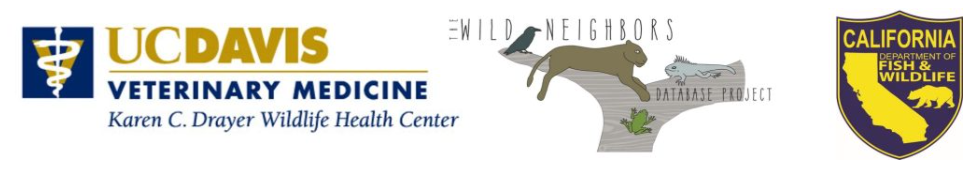 Logos of the UC Davis Karen C. Drayer Wildlife Health Center, The Wild Neighbors Database Project and California Department of Fish and Wildlife.