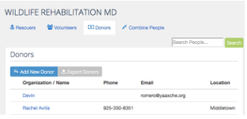 WRMD Donors page under People, with the new Export Donors button beside Add New Donor.