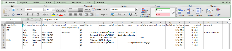 Donor export open in a spreadsheet, one row per donor with contact details, donation date, amount and method.