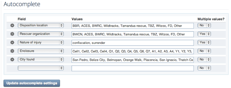 Preset value lists assigned to fields such as disposition location, rescuer organization, nature of injury and city found.