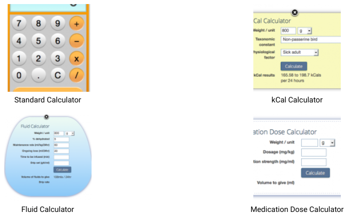 WRMD’s four calculators: standard, kCal, fluid and medication dose.