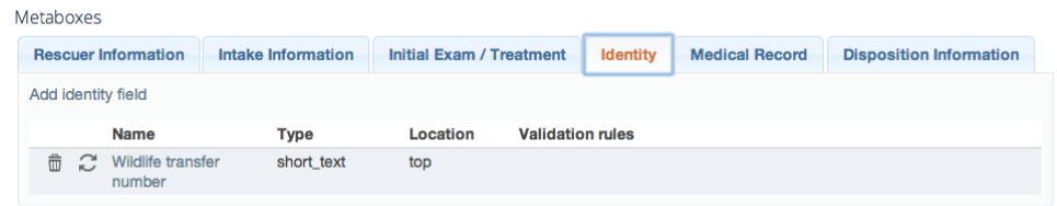 WRMD custom fields settings with a wildlife transfer number field added to the Identity section.
