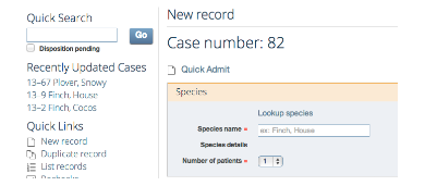 WRMD New Record screen with the Quick Admit link at the top, above the species lookup.