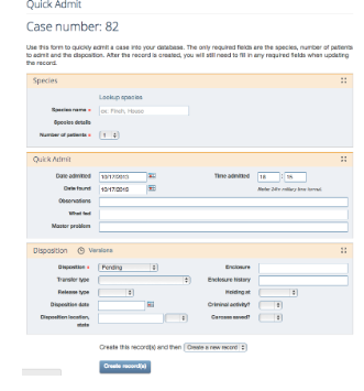 WRMD Quick Admit form with species, number of patients, dates admitted and found, observations and disposition fields.