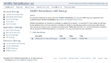 Wildlife Rehabilitation MD Backup page with a Make New Backup option and one saved backup file ready to download.
