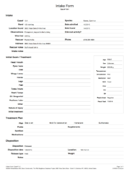 Printed WRMD intake form with intake, initial exam, treatment plan and disposition sections.