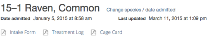Intake Form, Treatment Log and Cage Card links at the top of a common raven’s record.