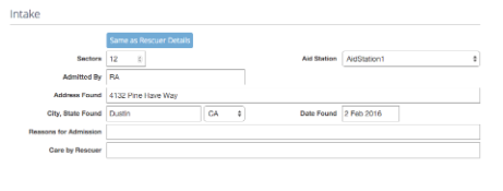 Intake form with customized fields such as sector and aid station alongside the usual admission details.
