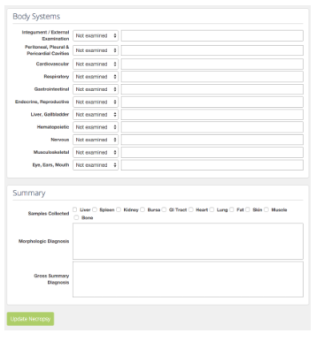 Necropsy form continued, with an exam result for each body system, samples collected and diagnosis fields.