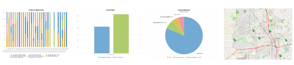 Disposition graphs of patients dispositioned over time, survival rate, releases by type and a map of release locations.
