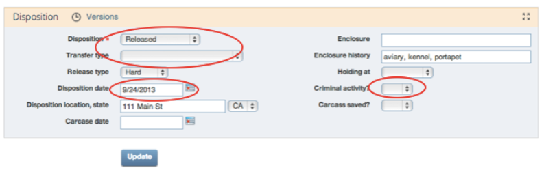 WRMD disposition section with the Disposition, Disposition date and Criminal activity fields circled in red as required.