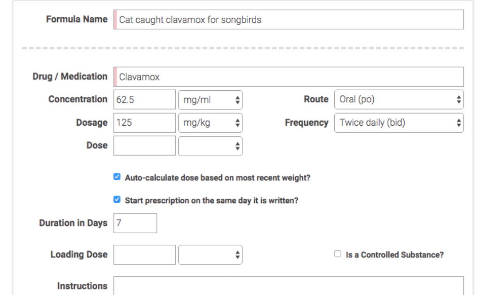 Formula form presetting Clavamox concentration, dosage, oral route, twice-daily frequency, weight-based dose and a 7-day duration.