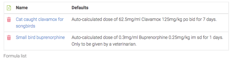 Saved formulas list showing the default prescription each formula fills in.