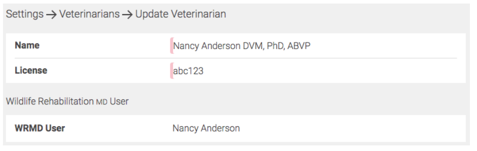 Update Veterinarian settings linking a veterinarian's name and license to their WRMD user account.