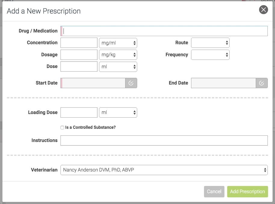 Animated prescription form with the new Veterinarian dropdown preselected with the logged-in veterinarian.