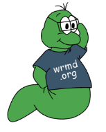 WRMD’s cartoon green worm mascot wearing a wrmd.org T-shirt.