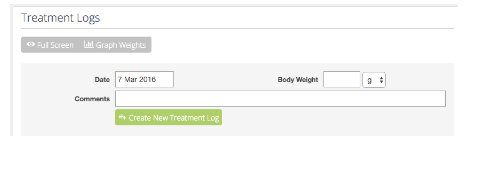 Treatment Logs panel with the restored Graph Weights button and a body weight field for each new entry.