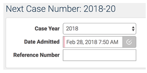 New patient form with a Case Year dropdown set to 2018, which sets the next case number.