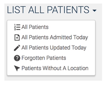 List All Patients menu with the new Forgotten Patients and Patients Without A Location lists.