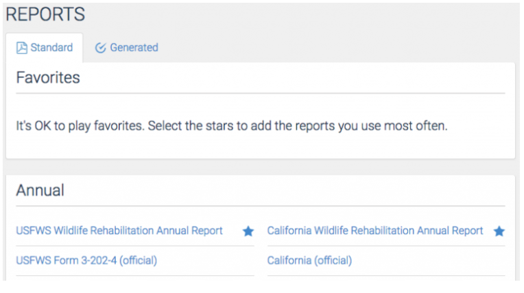 WRMD Reports page with a Favorites group above the annual reports, each report starred to mark it as a favorite.