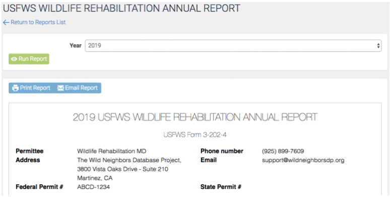 USFWS annual report page with a year filter set to 2019, a Run Report button and the generated report below.