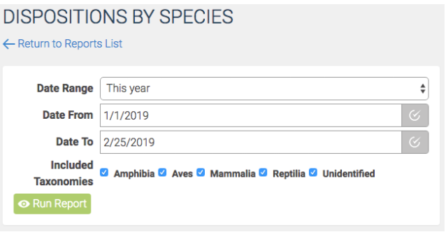 Dispositions by Species report filters for a date range and which taxonomic classes to include.