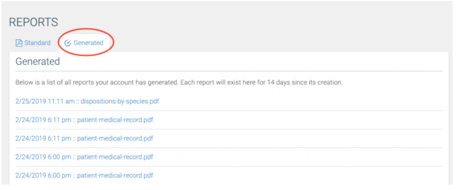 Generated tab of WRMD Reports listing recently created PDF reports, each kept for 14 days.