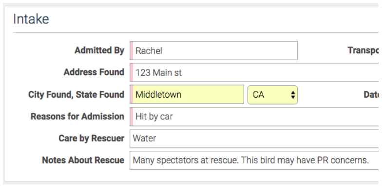 WRMD intake form with the new Notes About Rescue field noting the rescue drew spectators and may raise PR concerns.
