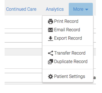 Patient record's More menu, with Patient Settings as the last option.