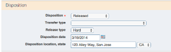 WRMD disposition panel with the disposition, release type, disposition date and location filled in.