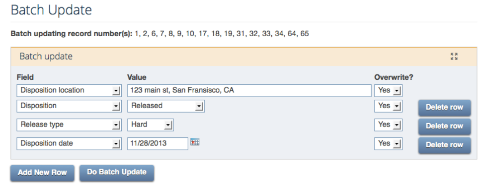 WRMD Batch Update form setting disposition, release type, date and location across 16 selected records at once.