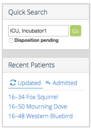 Quick Search box searching by current location “ICU, Incubator1”, above the Recent Patients list.