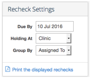 Recheck Settings filtered by due date, holding location and grouping, with a link to print the displayed rechecks.