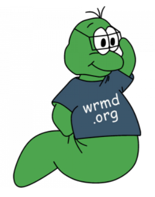 The WRMD mascot, a green cartoon worm in glasses and a wrmd.org T-shirt, scratching its head.