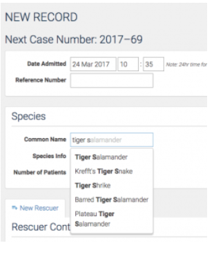 WRMD new record form suggesting matching species, such as Tiger Salamander, as a common name is typed.