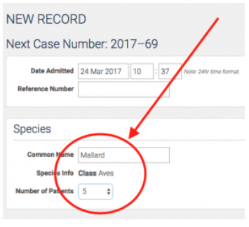 New record form with Mallard as the common name and the Number of Patients field below it set to 5, circled.