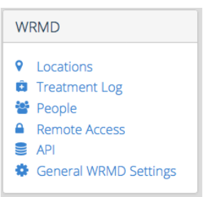 WRMD settings menu with People listed alongside Locations, Treatment Log, Remote Access and API.