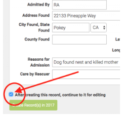 WRMD new patient form with the “After creating this record, continue to it for editing” checkbox circled.