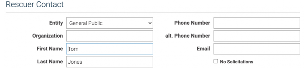 Rescuer Contact form with the new Entity dropdown set to General Public.