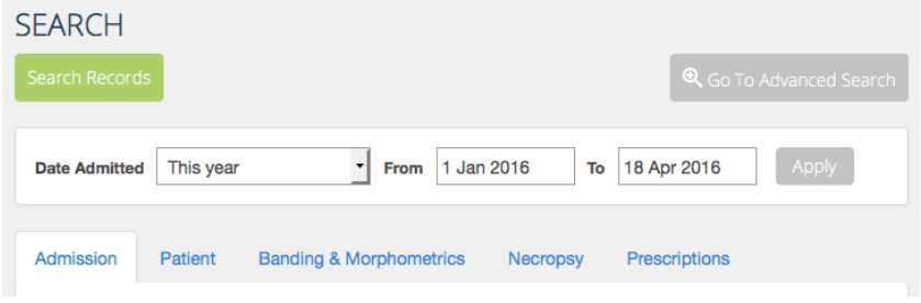 WRMD search page with new tabs for Banding & Morphometrics, Necropsy and Prescriptions beside Admission and Patient.