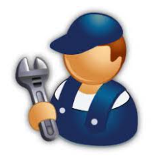 Cartoon repairman holding a wrench.
