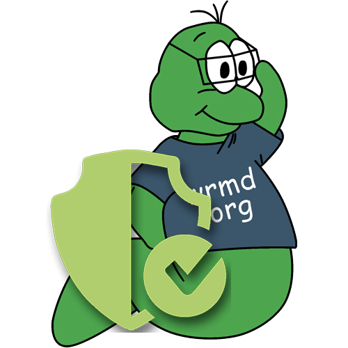 Green cartoon character in a wrmd.org T-shirt beside a shield with a check mark.