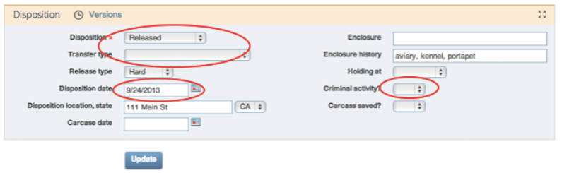 WRMD disposition section with the Disposition, Disposition date and Criminal activity fields circled in red.